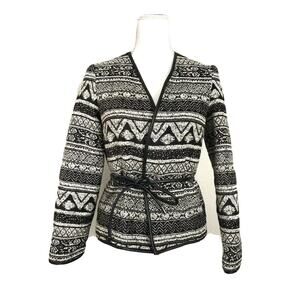 H&M Womens Size 2 Open Cardigan Faux Leather Tie Trim Aztec Black Tweed #4192